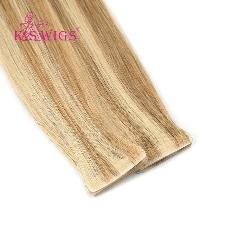 

K.S WIGS Remy Human Hair Straight PU Skin Weft Hand Tied Tape In Double Drawn Human Extensions Piano Color 20''
