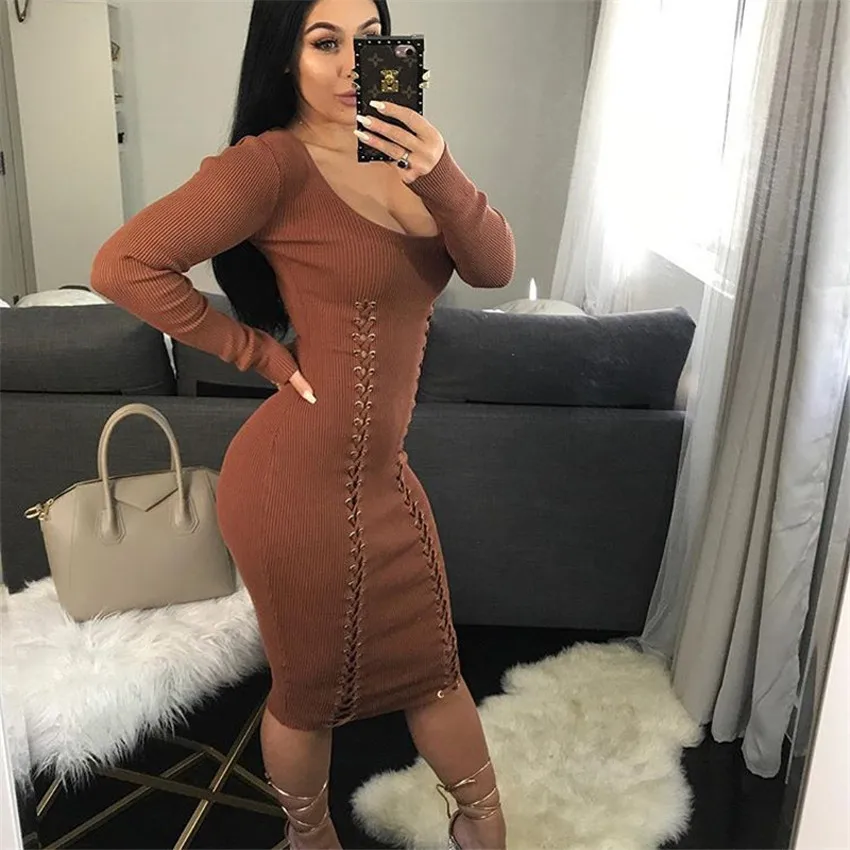 

Elegant Square Collar long Sleeve Pencil dress Mid-Calf Skinny Dress autumn Women Sexy Office Lady Dresses robe longue femme