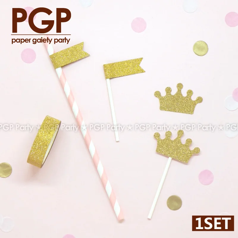 

[PGP] Princess Glitter Cake Topper Tag Straw, for Pink Gold Bridal kids girls 1st 2nd 3rd 5th First Birthday Baby Shower Party