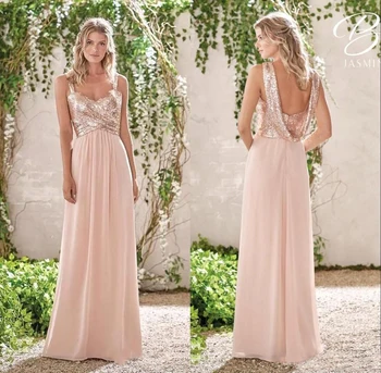 

Rose Gold Long Bridesmaid Dresses A Line Spaghetti Backless Sequins Chiffon Cheap Beach Wedding Guest Gowns Free Shipping