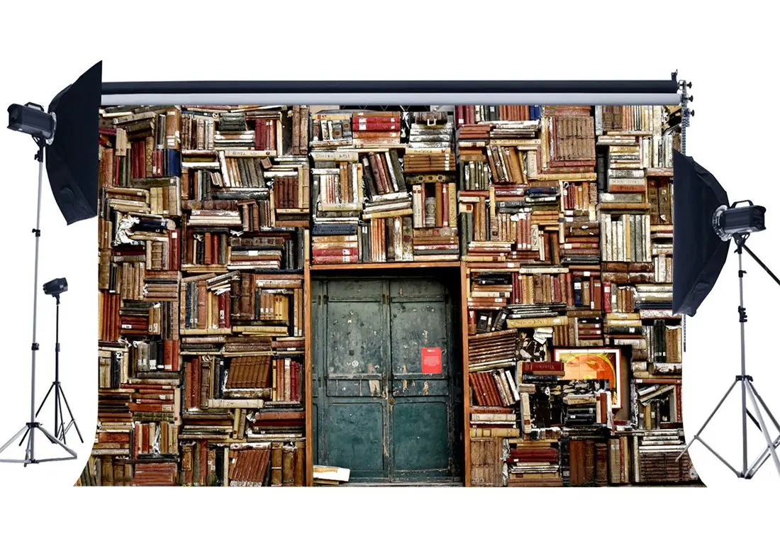 

Retro Bookshelf Backdrop Interior Study Room Old Library Backdrops Vintage Bookcase Rustic Wood Door Background