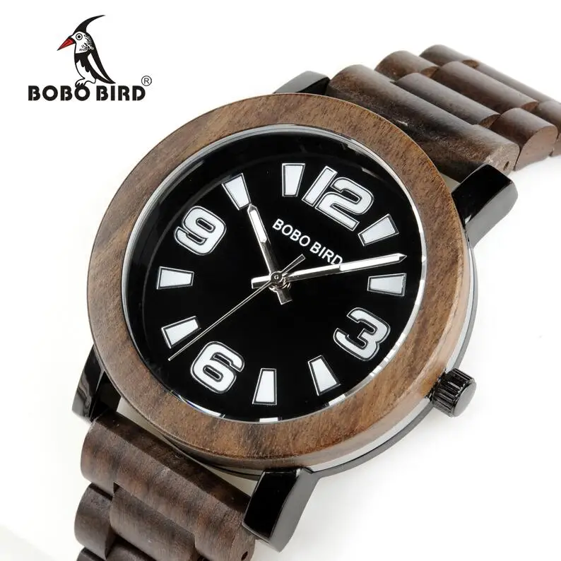 BOBO BIRD Antique Mens Wood Watches Steel Case Wooden Bezel Wristwatch with Wooden Band in Gift Box