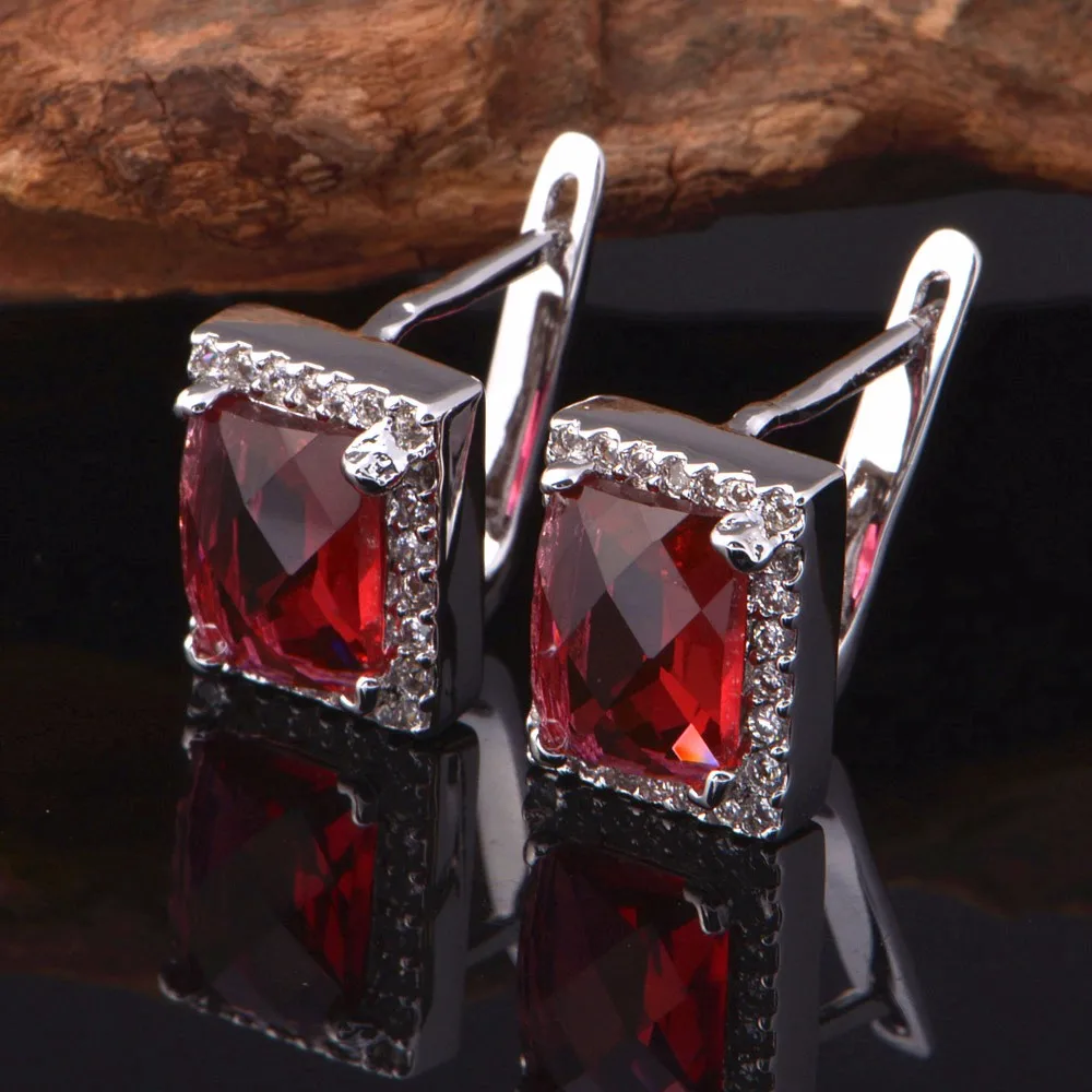 Almei Ювелирные наборы для женщин серебряный кубический циркон мода красный квадрат Кристалл обручение свадебные подарки для невесты T077