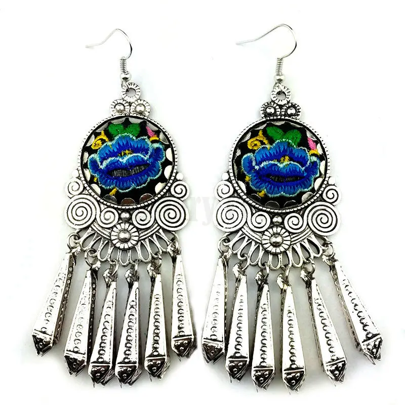 

Ethnic Embroidery Embroidered Round Flower Tribal Hand Made Tassel Long Earrings For Women Wholesale Jewelry