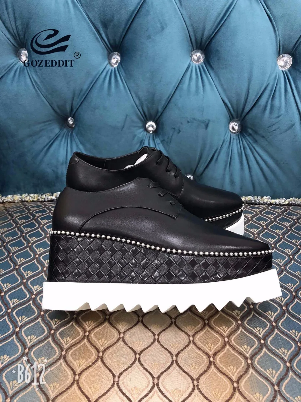 

GOZEDDIT Rhinestones Basket Weave Grain Cow Leather Women Shoes 8cm Heeled Wedges Lace-up Creepers Zapatillas Mujer