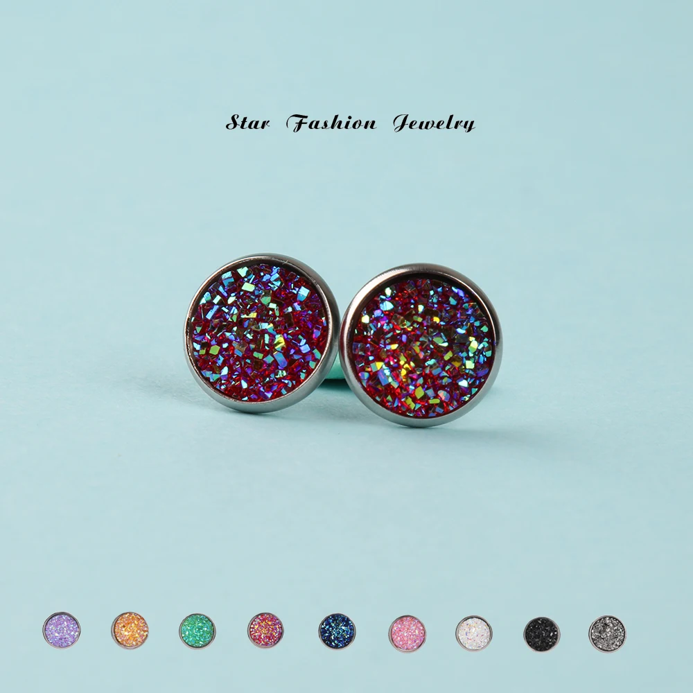 

Multicolor Druzy Crystal Disc Stud Earrings for Women Wedding Party Gift Ear Jewelry Wholesale