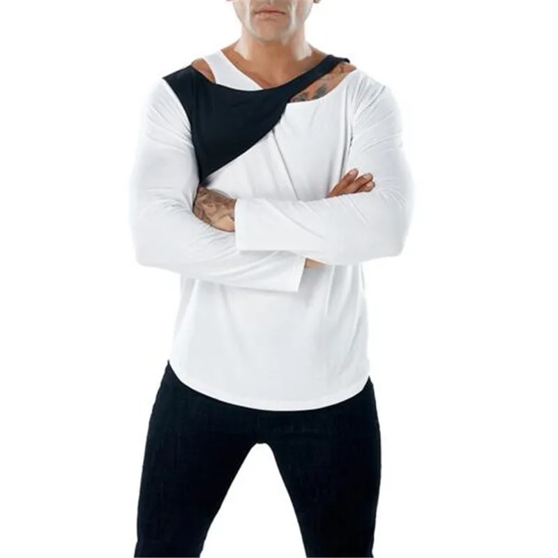 

Spring and Autumn 2019 new irregular stitching long sleeves collar openwork fake two men shirts sexy nightclub men's T-shirt