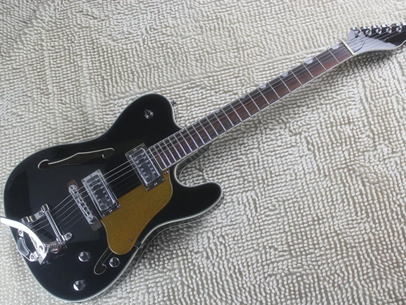 

White/Black Semi-hollow Electric Guitar with Tremolo System,Gold Pickguard,Rosewood fretboard,offering customized services