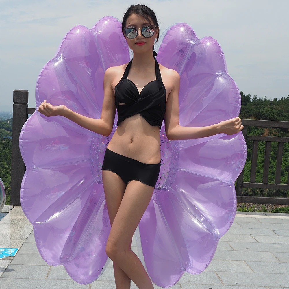 

2019 New Purple Shell 140cm Giant Glitter Angel Wings Inflatable Pool Rafts Air Mattress Beach Lounger Water Float Swimming Ring