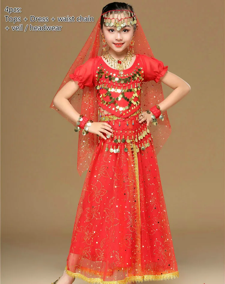Детский набор костюма для танца живота Восточный танец девушки Индийский Болливуд танцевальная одежда представление для детей танец живота для сцены - Цвет: 4pcs red