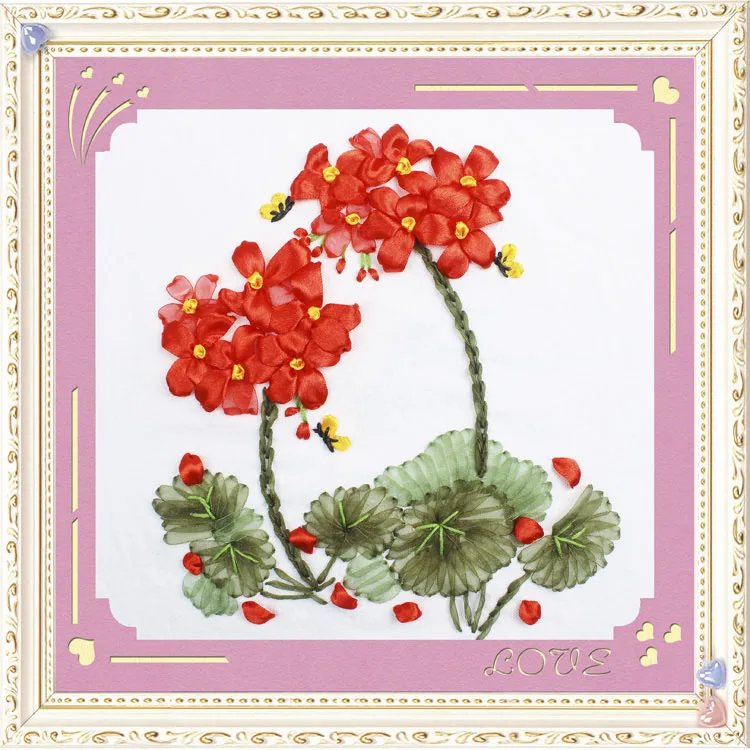 

DIY 3D Ribbon Embroidery cross stitch kits sets handmade needlework / red flower Decor Arts picture paintings