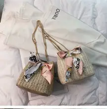 Women Straw Bag Handwoven Round Rattan Handbags Knitted Crossbody Bag Tote Scarves Beach Bag Girls Hot Purse Bag For Women