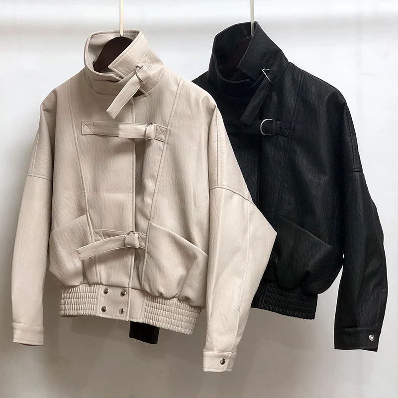 

2019 New Women's Leather Jacket Spring Autumn Leather Coat Short Oversize Faux Leather Jackets Women Chaqueta Cuero Mujer KJ2855