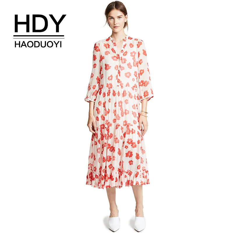 

HDY Haoduoyi Euramerican Fashion New style Comfortable Simple Floral Print Ruffled Hem Micro-perspective College Popular Dress