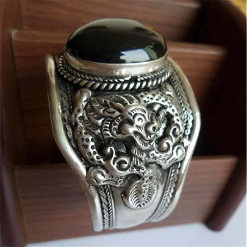 

BB-095 Tibetan Silver Double Dragons Inlaid Natural Stone Open Cuff Tibet Amulets Bangles