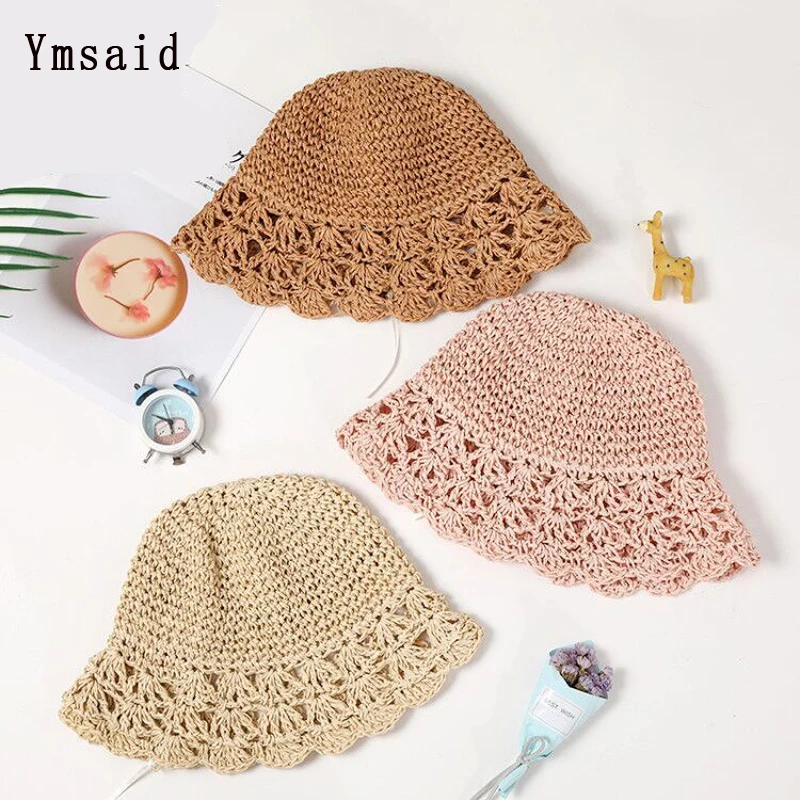 

Ymsaid Handmade Summer Baby Straw Hat Girls Lace Windproof Cord Beach Hollow Breathable Sun Hat Wide Brim Cute Floppy Hat