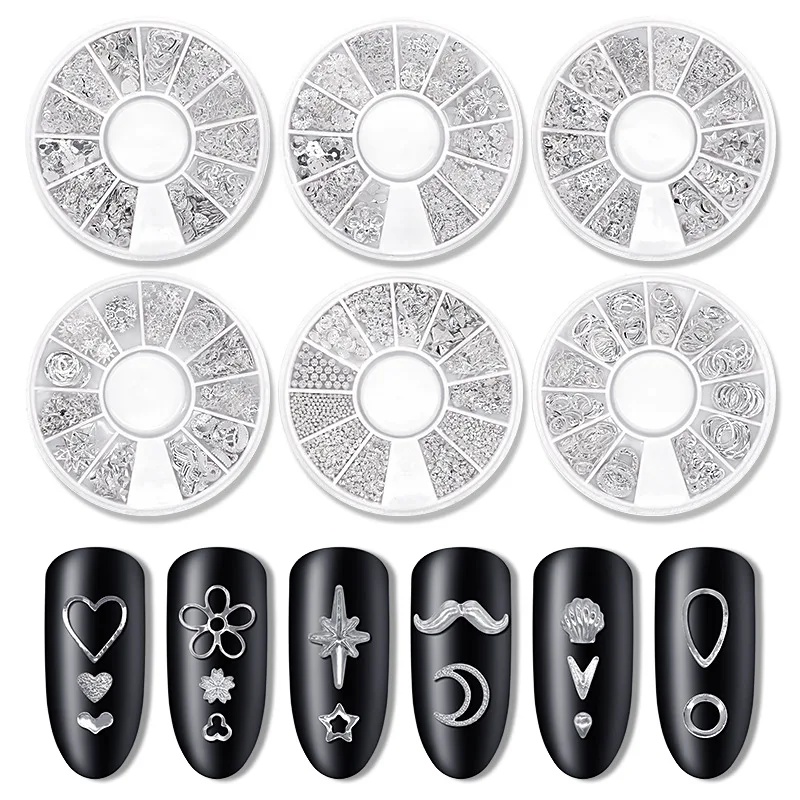 

1box Silver Star Moon Alloy Studs Mix Design Nail Art Decoration Hollow Sequins 3d Manicure UV Gel Polish Accessory New Supplies