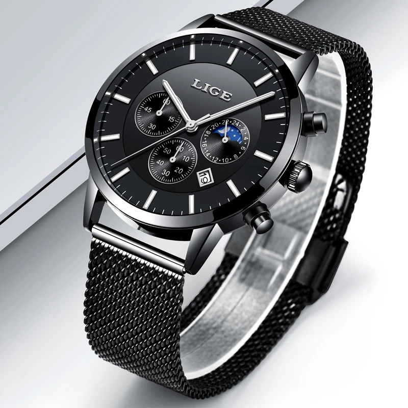 New Men Watch LIGE Mens Watches Top Brand Luxury Quartz Wristwatch Men Full Steel Grid Casual Strap Waterproof Sport Chronograph
