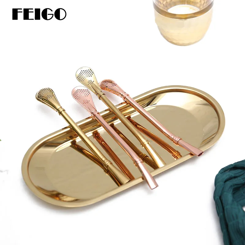 

FEIGO High Quality Colorful Straw Spoon 304 Stainless Steel Straws Reusable Bent Tea Metal Drinking Straw Cleaner Brush F270
