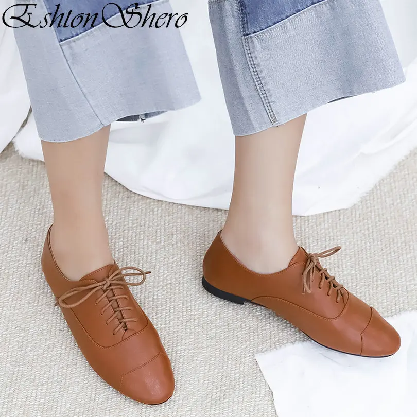 

EshtonShero Winter Women's Shoes Flats Woman Leather+PU Flat Heels Round Toe Basic Lace Up Brown Ladies Casual Shoes Size 3-9