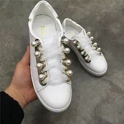 2018 осень новая мода простой сплошной цвет жемчуг декоративные плоские туфли женщин ретро диких повседневная обувь на платформе