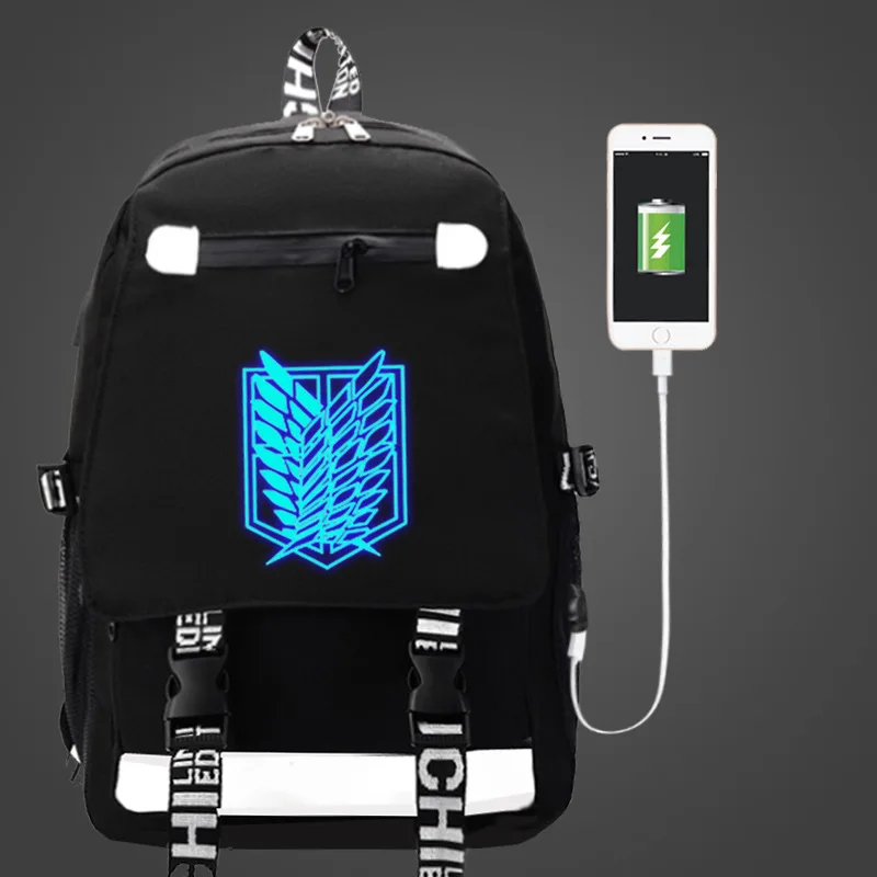 

Attack on Titan Wing of Freedom Backpack USB Bag travel School Luminous Book Bag USB teenager Laptop Zipper bag Glow in the dark