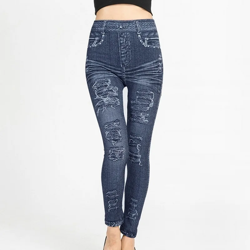 Модные тонкие женские леггинсы из искусственной лосины из джинсовой ткани, сексуальные летние леггинсы с длинным карманом и принтом, повседневные узкие брюки размера плюс