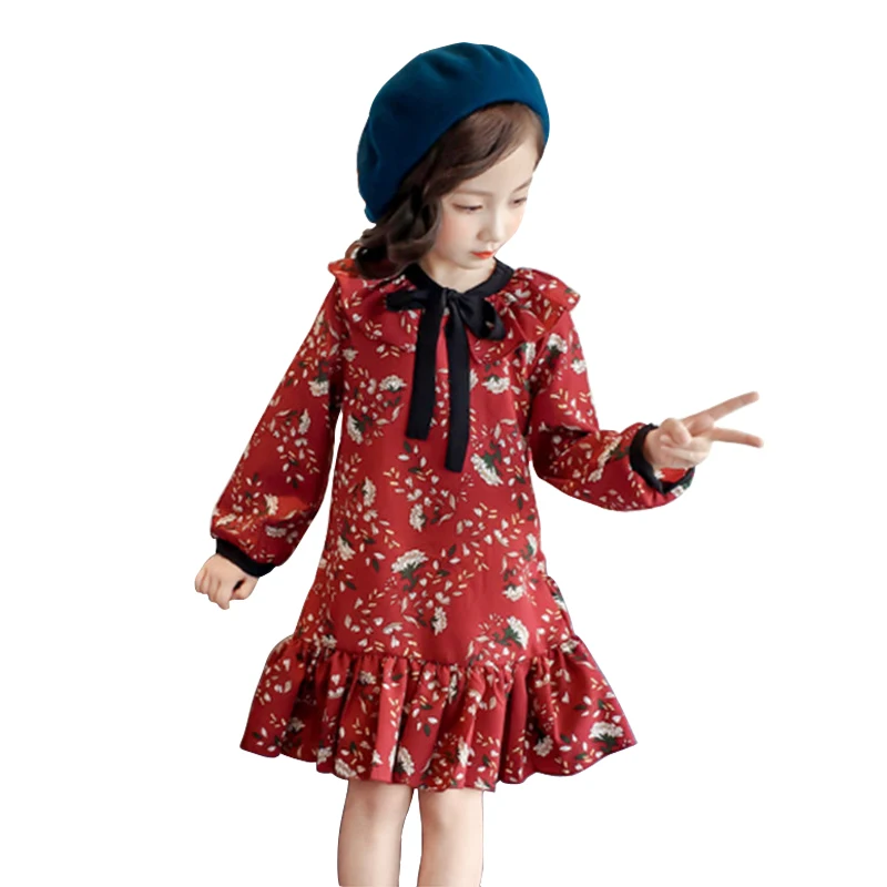 

age 2 - 8 yrs baby girls long sleeve dress chiffon ruffle big bow dresses 2019 new spring print yellow frocks children clothes