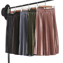 Новинка, плиссированная юбка средней длины из золотого бархата с высокой талией, Женская юбка средней длины на осень и зиму, женская одежда