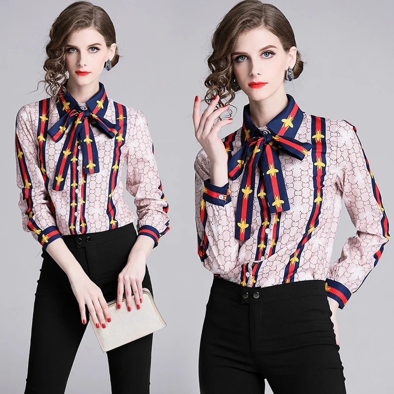 

2019 Spring Summer Fall Runway Vintage Floral Letter Print Bow Tie Neck Long Sleeve OL Womens Ladies' Casual Tops Shirts Blouses