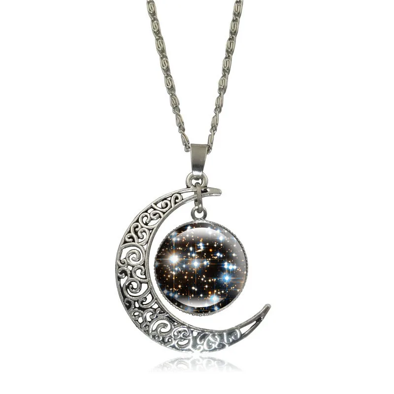 

Fashion Silver Crescent Moon Pendant Necklace Universe Galaxy Nebula Glass Cabochon Jewelry Snake Chain Necklace Women Gifts