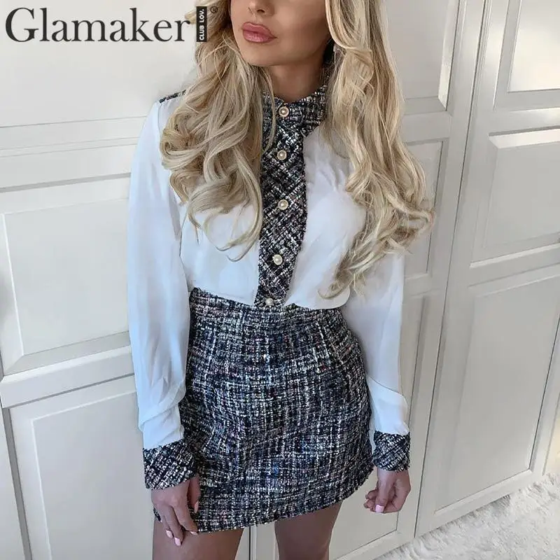 

Glamaker Tweed patchwork sexy white dress Women long sleeve elegant mini blouse dress Female party club short dress vestidos