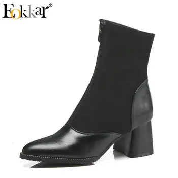 

Eokkar 2019 Wome Ankle Boots Zipper Fashion Women Shoes Square Heel Pu Leather Black Mix Winter Boots Women Shoes Size 34-43