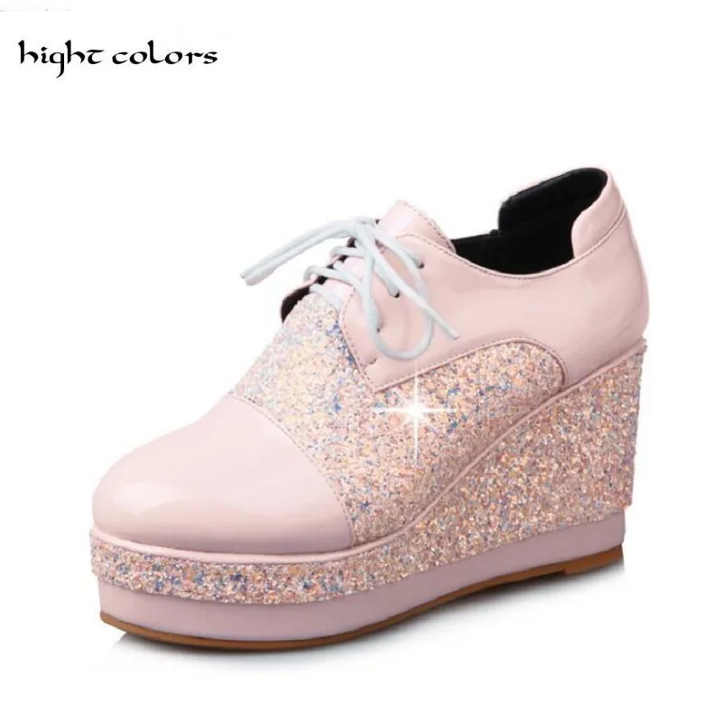 32 ~ 48 Bling Sequined тканевые туфли 2019 клинья черный розовый обувь на платформе женская