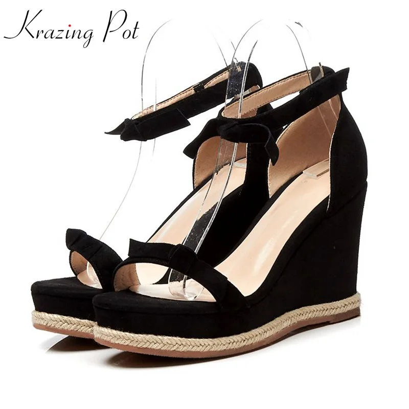 

Krazing Pot 2018 kid suede hook loop platform sandals women bowtie decoration high heels preppy style increased wedges shoes L09