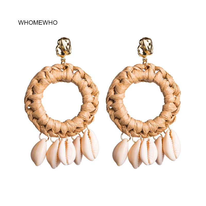 

Gold Metal Summer Beach Handmade Braided Raffia Natural Seashell Shell Earrings Korean Fashion Conch Sea Snail Jewelry Accessory