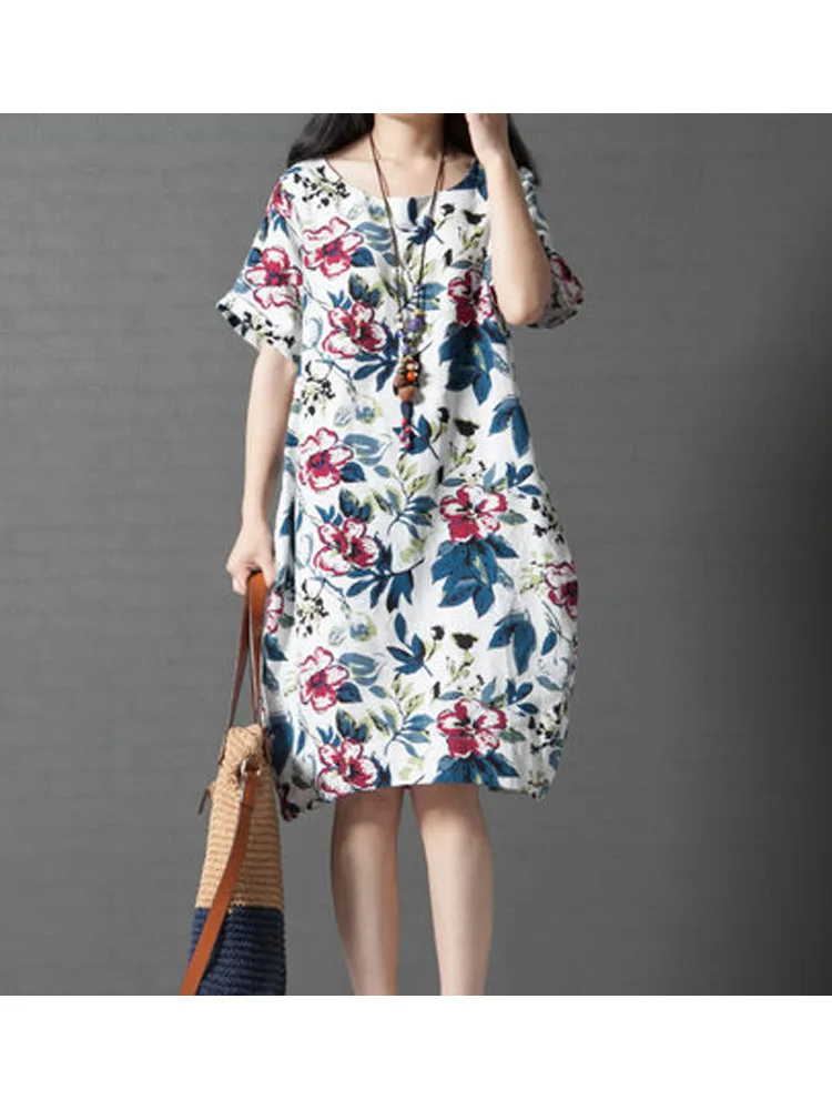 Image Women Summer Floral Korean Style Midi White Linen Streetwear and Office Dress Plus Size 5xl Dresses Ladies Fashion 2019 Boho Boh