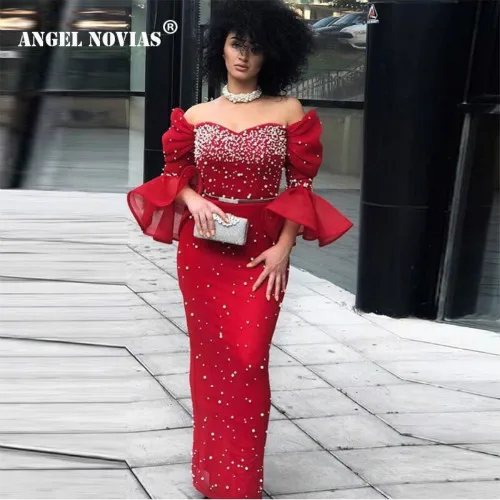 white evening gowns ANGEL NOVIAS Long Abendkleider Red Pearls Arabic Evening Dress 2022 Dubai Formal Evening Gowns robe de soiree long evening dress Evening Dresses