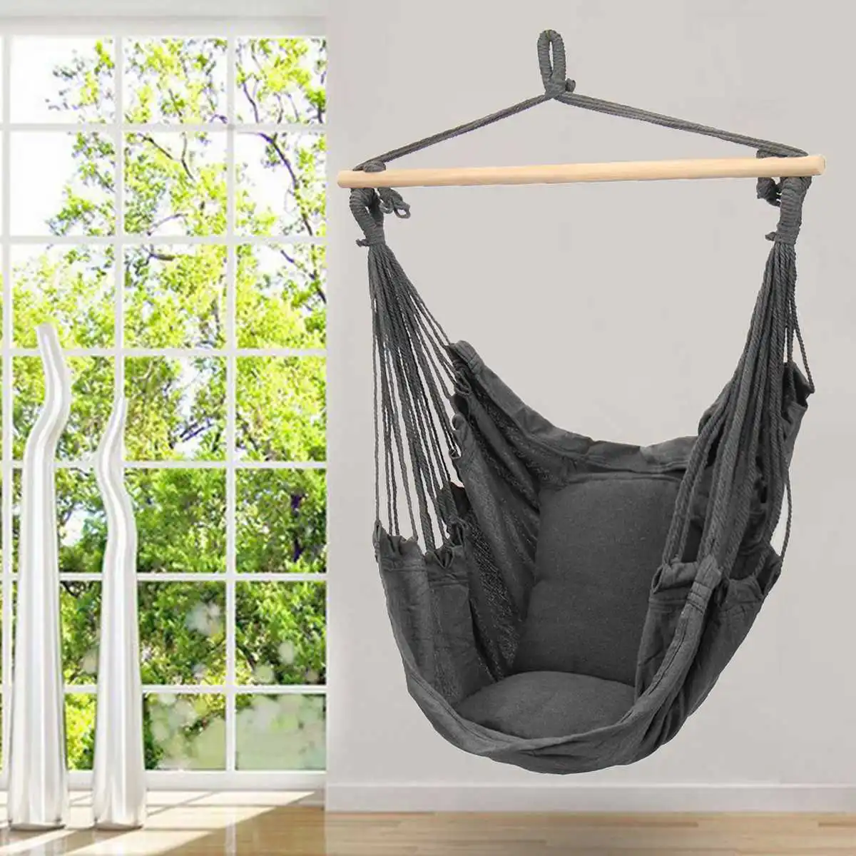 Portable Hammock Hanging Rope Chair Swing Chair Seat w// 2 Pillows Garden Deck UK