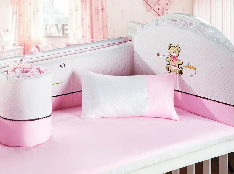 

Discount! 6pcs embroidered cot crib bedding set ,infant nursery set,baby bedding set bumper,include(4bumper+sheet+pillow)