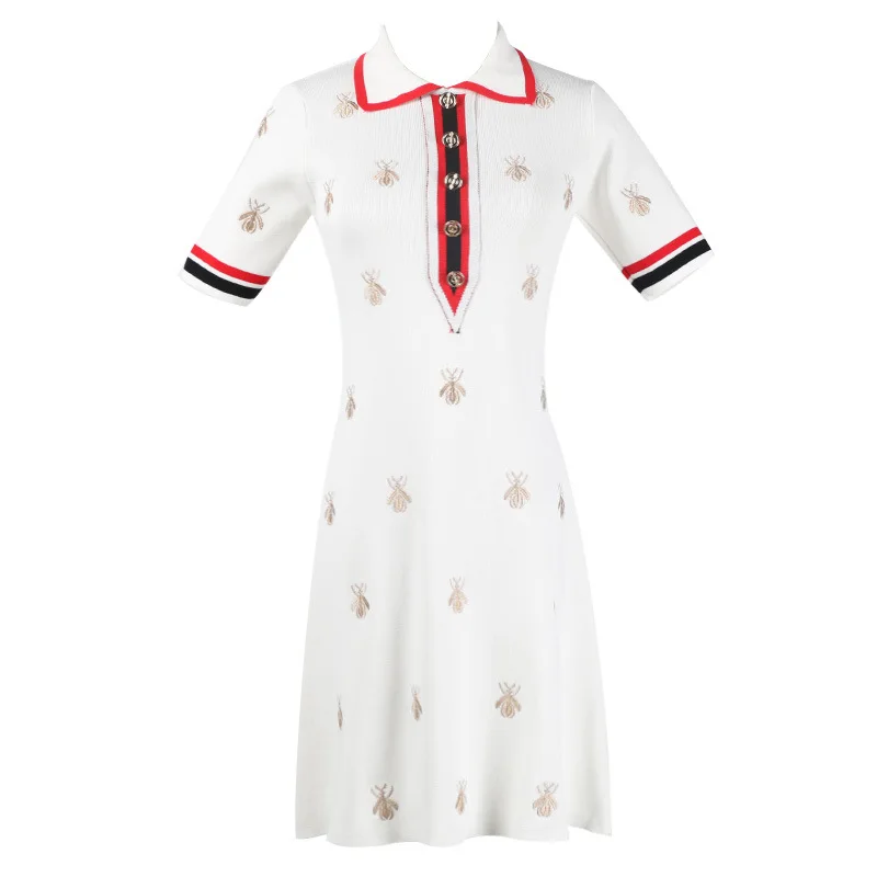 

Elegnat Fashion Women Turn-down Collar Button Bee Embroidery High Waist Medium Long Slim Knit Dress 2019 Summer Clothes