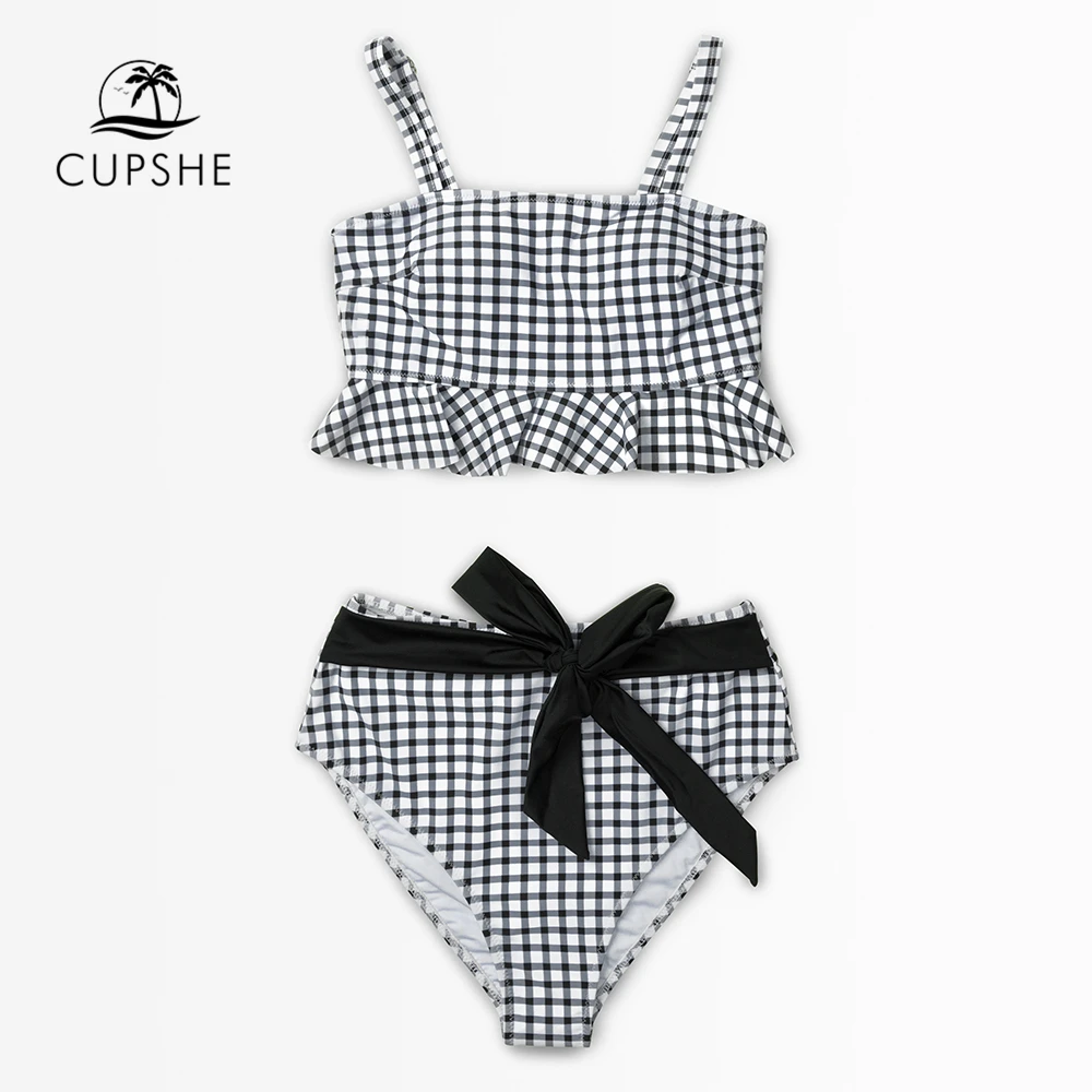 CUPSHE Black And White Gingham Ruffles Bikini Sets Women High Waist Belt Tank Two Pieces Swimsuits 2020 Girl Cute Bathing Suits|Bikini Set| - AliExpress