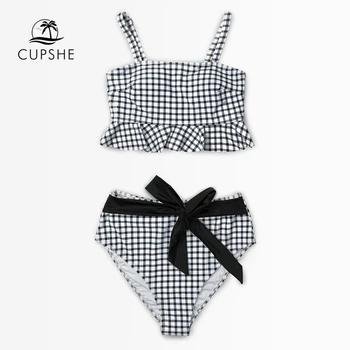 

CUPSHE Black And White Gingham Ruffles Bikini Sets Women High Waist Belt Tank Two Pieces Swimsuits 2020 Girl Cute Bathing Suits
