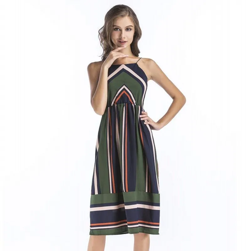 

Striped Beach Spaghetti Strap Dress Women Sexy Sleeveles sMidi A Line Summer Party Dress Sundress Vestidos 2019 Fashion