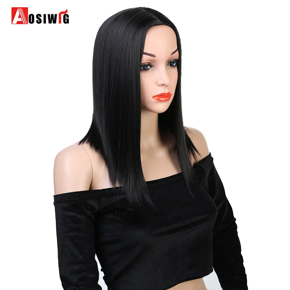 Синтетические прямые волосы черный короткий боб парики средняя часть парик для женщин девушки костюм повседневная одежда AOSWIG