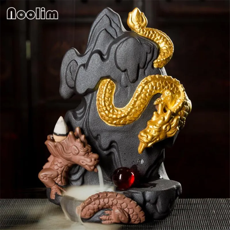 New Gold Dragon Backflow Incense Burner With Crystal Ball Home Office Decor Ornament Aromatherapy Censer Holder+10Pcs Free Cones