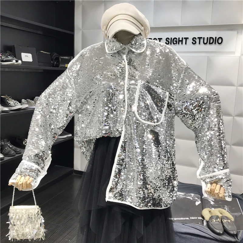 

Bling Sparkle Female Blouses 2019 New Spring Sequins Turn Down Collar Long Sleeve Shirts All-match Basic Top Black/Gold/Sliver