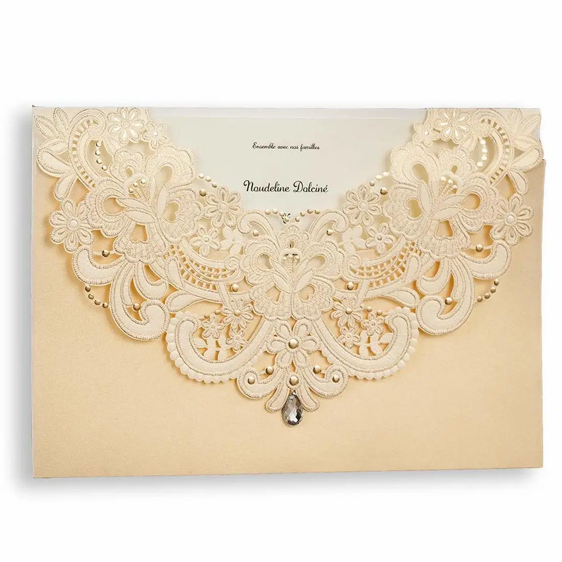  20Pcs Champagne Gold Shimmer Pearl Laser Cut Flora & Lace Wedding Invitations With Rhinestone Match - 33039931559