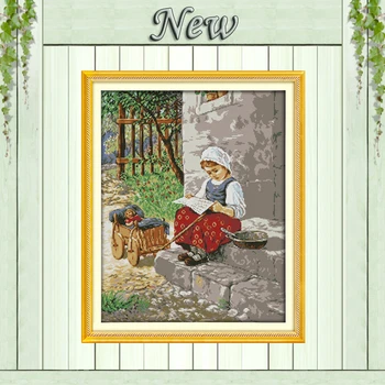 

Peasant girl reading painting Counted Print on canvas DMC 11CT 14CT Cross Stitch kits Needlework Sets embroidery Home wall Decor