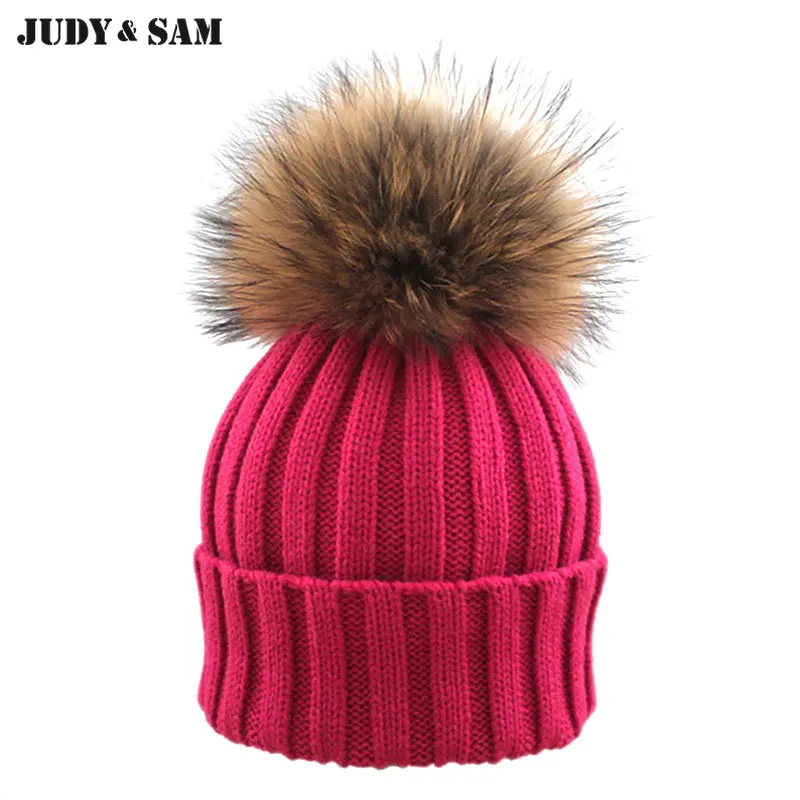 JS FUR Brand Design Real Raccoon Fur Pom Poms Beanie Hat Warm Winter Wool Knitted Bobble Hats